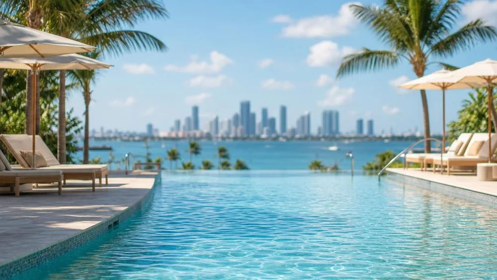 Professional pool cleaning service in Miami - crystal clear blue swimming pool with modern deck design and tropical landscaping showcasing Blueviel's premium pool maintenance services